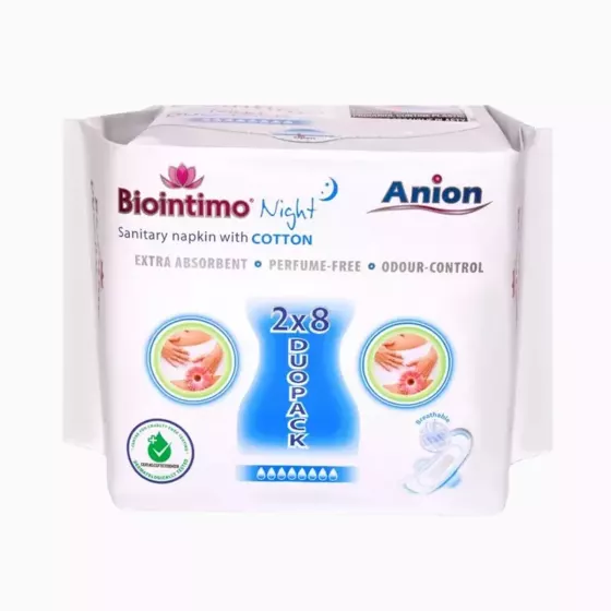 ANION Biointimo - Dámské hygienické vložky s anionovým proužkem - NOČNÍ DUO pack 2x8 ks